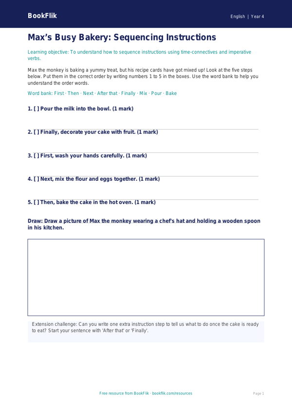 Free Instructions Activity Sheet | Year 4 Supported | BookFlik worksheet preview — English Instructions