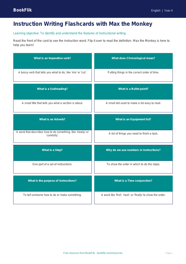 Free Instructions Flashcards | Year 4 Supported | BookFlik worksheet preview — English Instructions