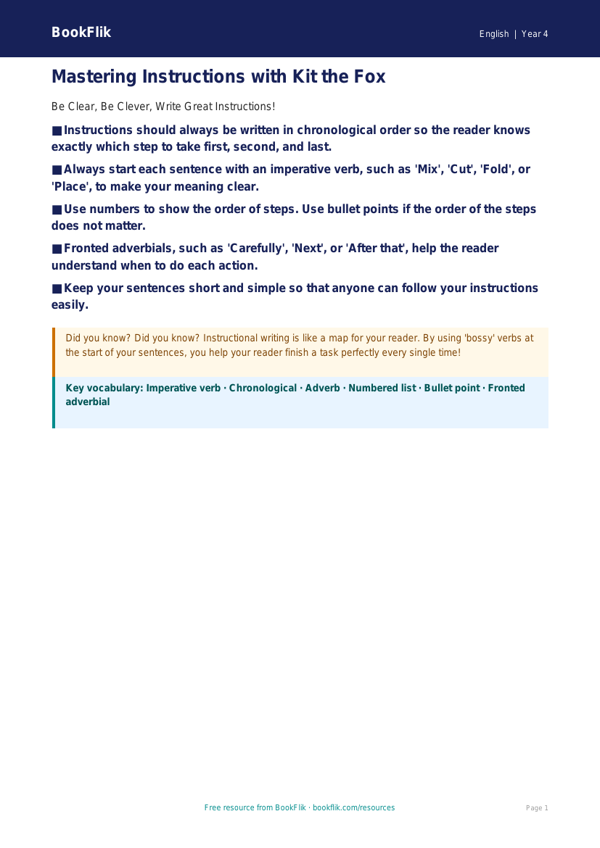 Free Instructions Poster | Year 4 Supported | BookFlik worksheet preview — English Instructions