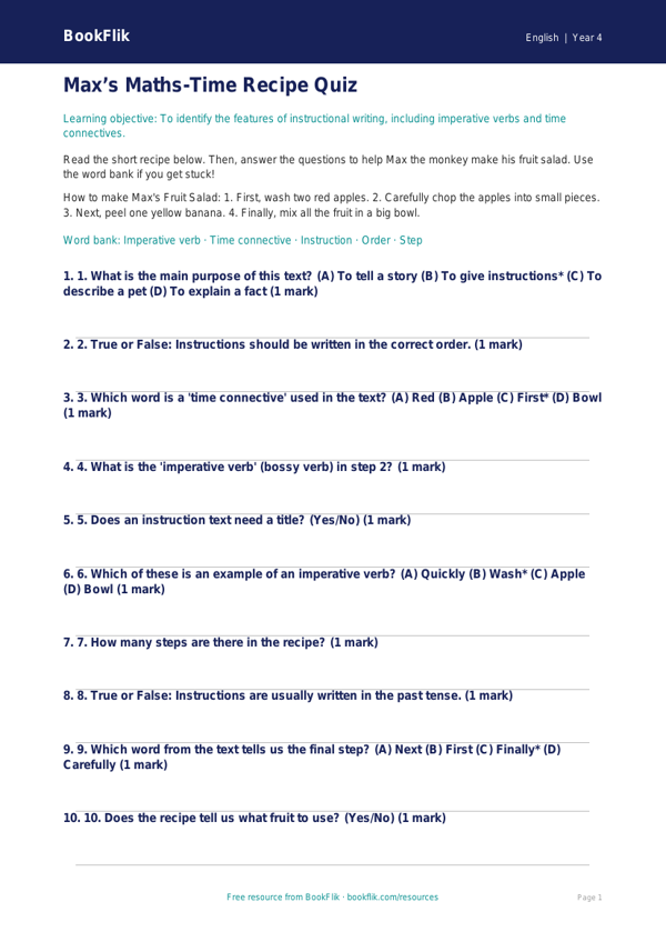Free Instructions Quiz | Year 4 Supported | BookFlik worksheet preview — English Instructions