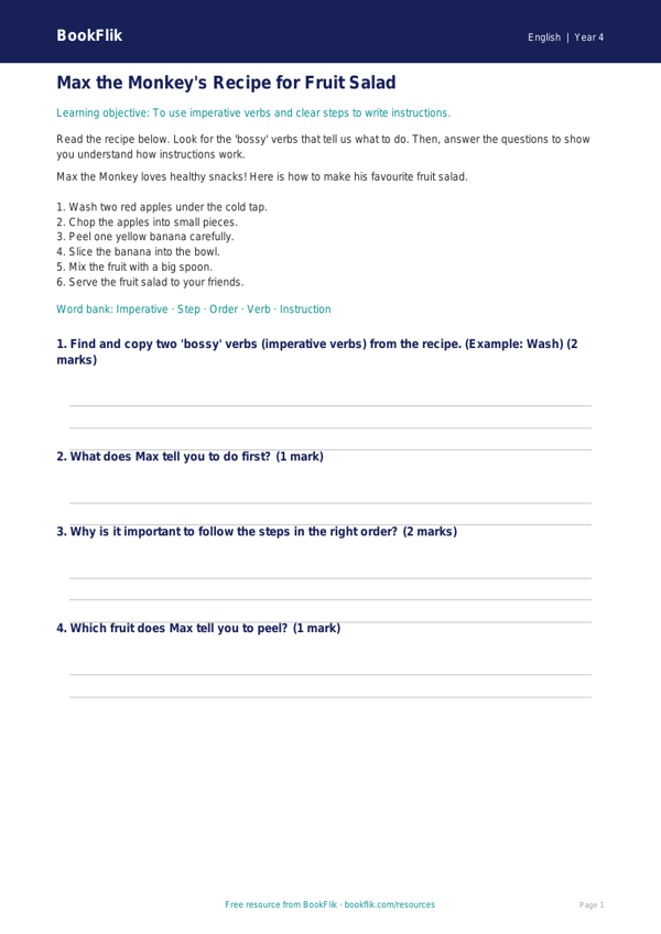 Free Instructions Track Sheet | Year 4 Supported | BookFlik worksheet preview — English Instructions
