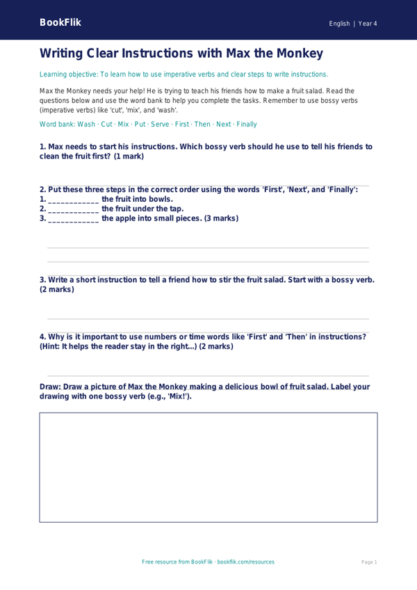 Free Instructions Worksheet | Year 4 Supported | BookFlik worksheet preview — English Instructions