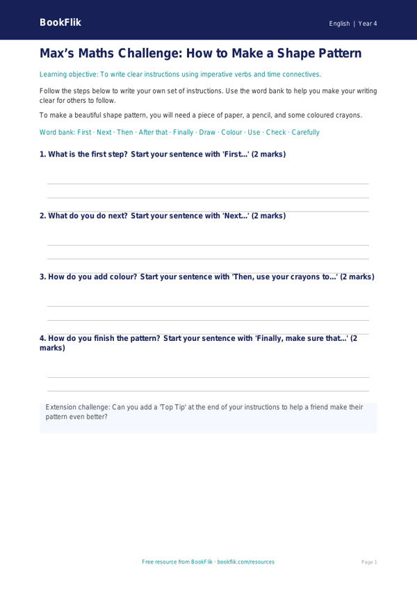 Free Instructions Writing Frame | Year 4 Supported | BookFlik worksheet preview — English Instructions