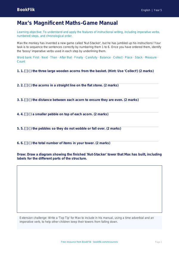 Free Instructions Activity Sheet | Year 5 Core | BookFlik worksheet preview — English Instructions