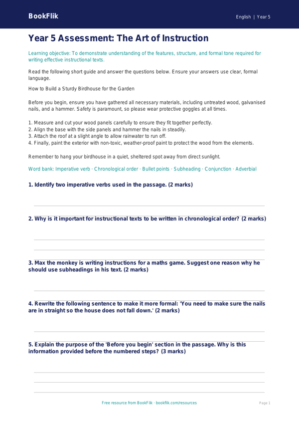 Free Instructions Assessment | Year 5 Core | BookFlik worksheet preview — English Instructions