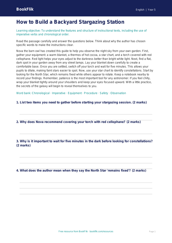 Free Instructions Comprehension | Year 5 Core | BookFlik worksheet preview — English Instructions