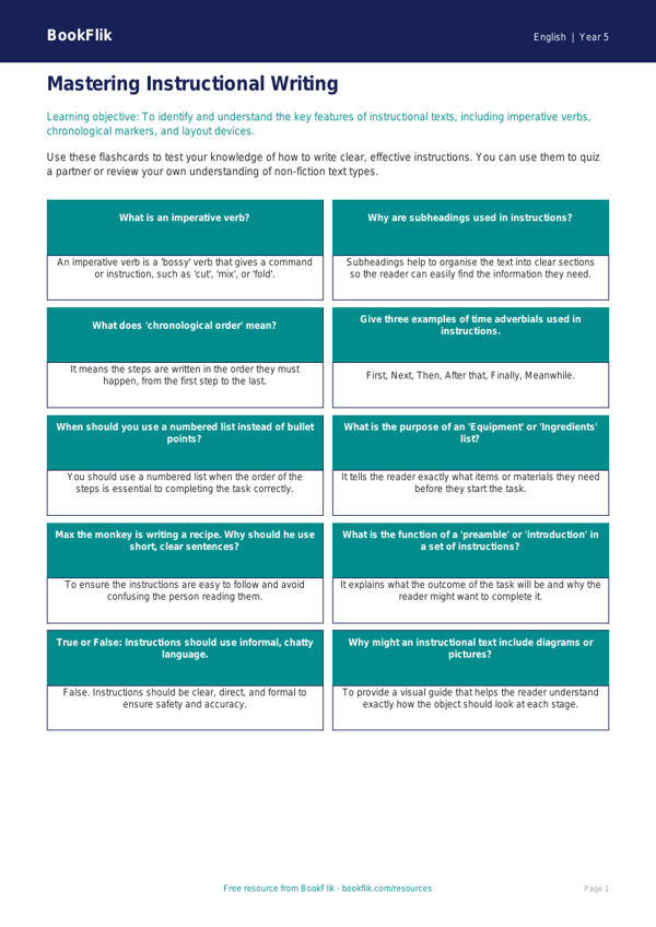 Free Instructions Flashcards | Year 5 Core | BookFlik worksheet preview — English Instructions