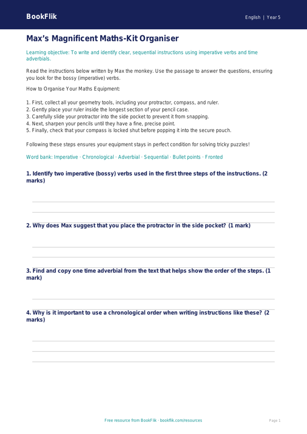 Free Instructions Track Sheet | Year 5 Core | BookFlik worksheet preview — English Instructions