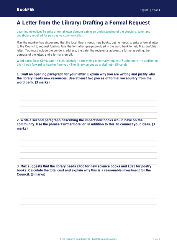 Free Letter Writing Activity Sheet | Year 4 Greater Depth | BookFlik worksheet preview — English Letter Writing