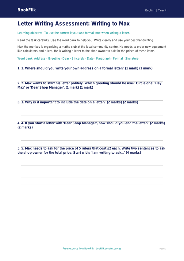 Free Letter Writing Assessment | Year 4 Supported | BookFlik worksheet preview — English Letter Writing