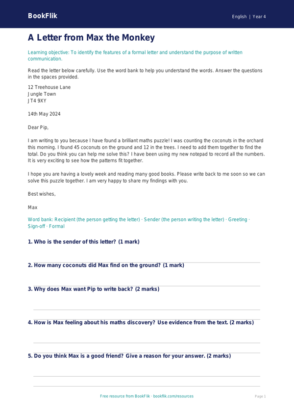 Free Letter Writing Comprehension | Year 4 Supported | BookFlik worksheet preview — English Letter Writing