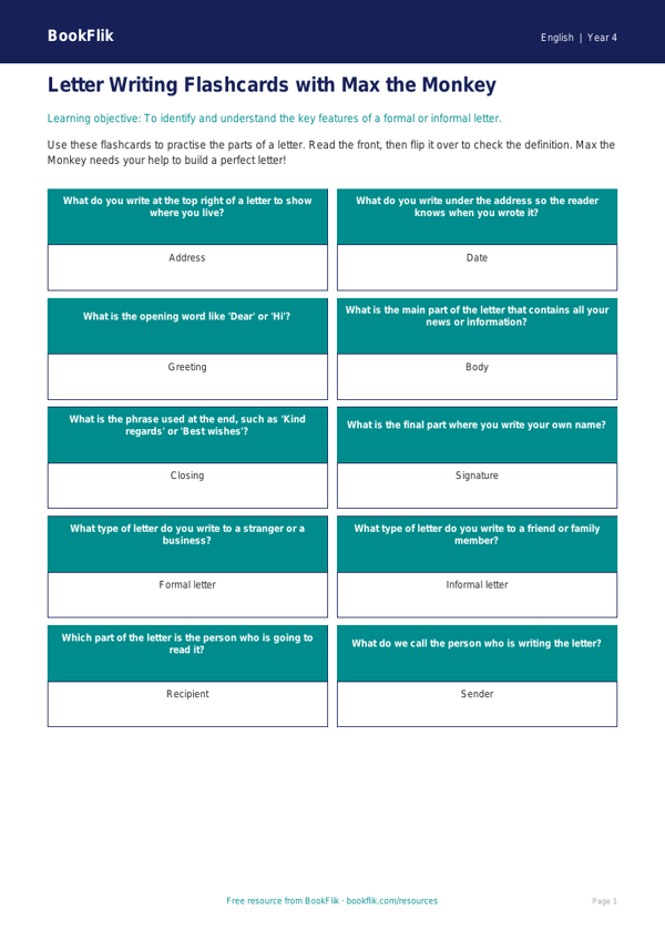 Free Letter Writing Flashcards | Year 4 Supported | BookFlik worksheet preview — English Letter Writing