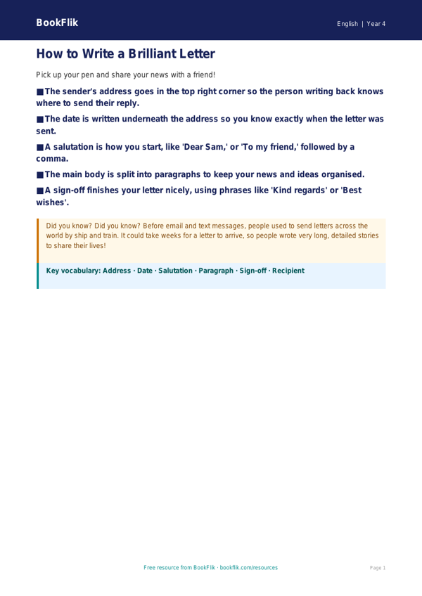 Free Letter Writing Poster | Year 4 Supported | BookFlik worksheet preview — English Letter Writing