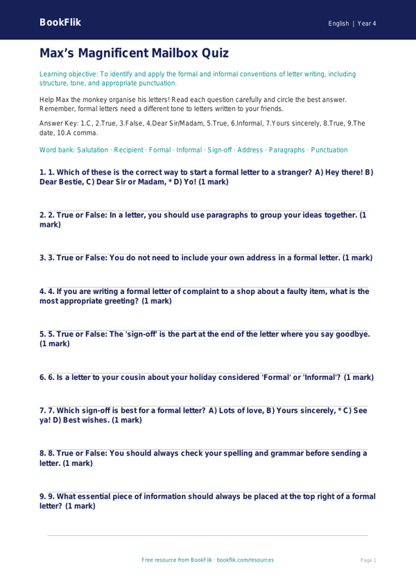 Free Letter Writing Quiz | Year 4 Greater Depth | BookFlik worksheet preview — English Letter Writing