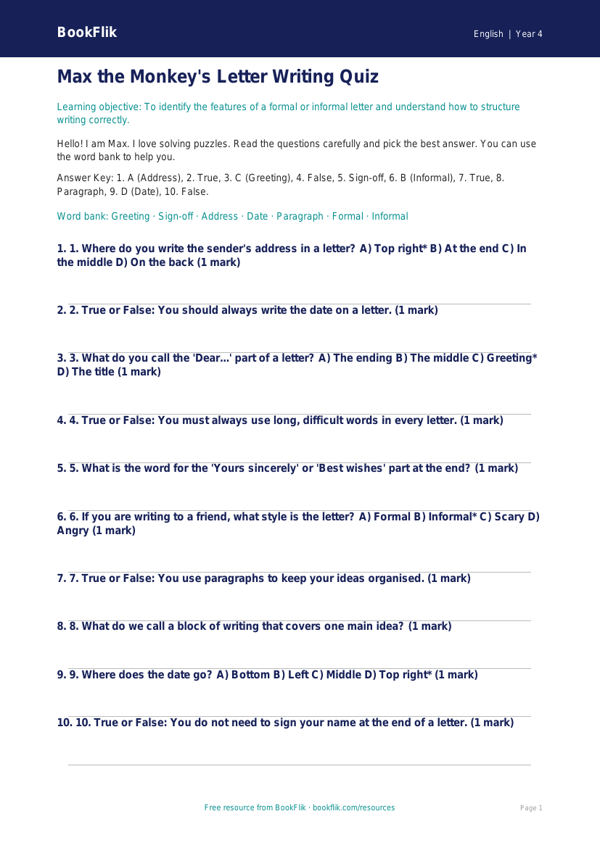 Free Letter Writing Quiz | Year 4 Supported | BookFlik worksheet preview — English Letter Writing