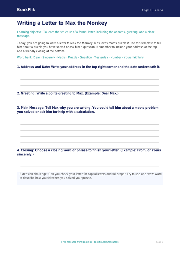 Free Letter Writing Template | Year 4 Supported | BookFlik worksheet preview — English Letter Writing