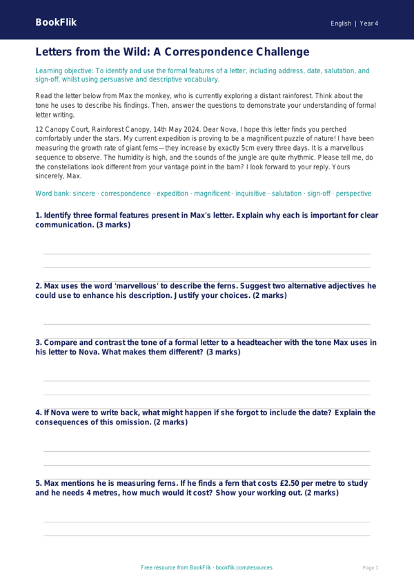 Free Letter Writing Track Sheet | Year 4 Greater Depth | BookFlik worksheet preview — English Letter Writing