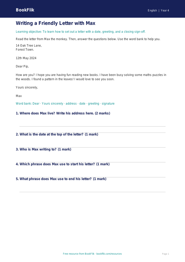 Free Letter Writing Track Sheet | Year 4 Supported | BookFlik worksheet preview — English Letter Writing