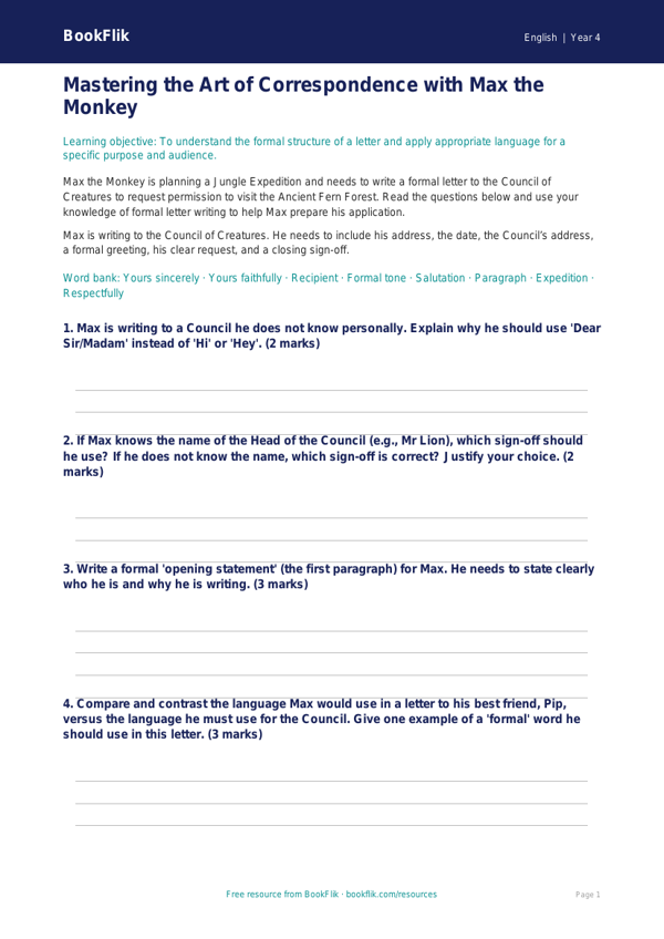 Free Letter Writing Worksheet | Year 4 Greater Depth | BookFlik worksheet preview — English Letter Writing