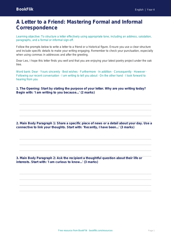 Free Letter Writing Frame | Year 4 Greater Depth | BookFlik worksheet preview — English Letter Writing