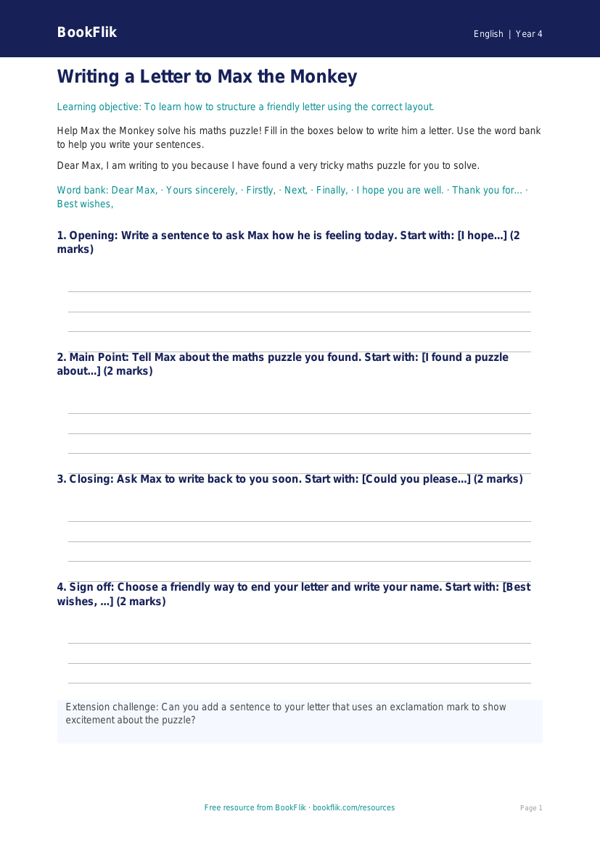 Free Letter Writing Writing Frame | Year 4 Supported | BookFlik worksheet preview — English Letter Writing