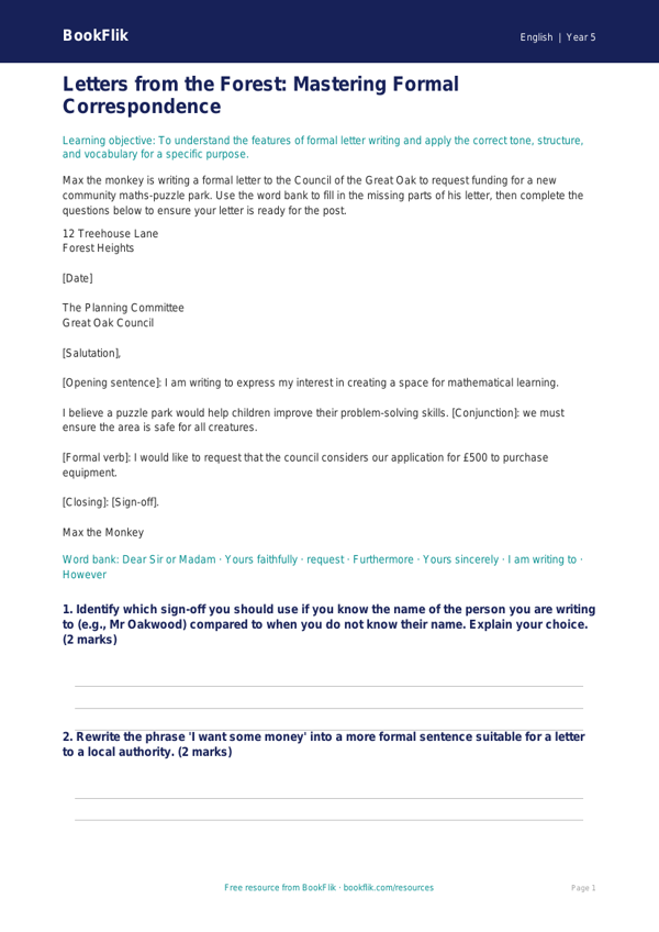 Free Letter Writing Activity Sheet | Year 5 Core | BookFlik worksheet preview — English Letter Writing