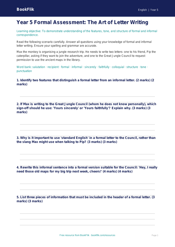 Free Letter Writing Assessment | Year 5 Core | BookFlik worksheet preview — English Letter Writing