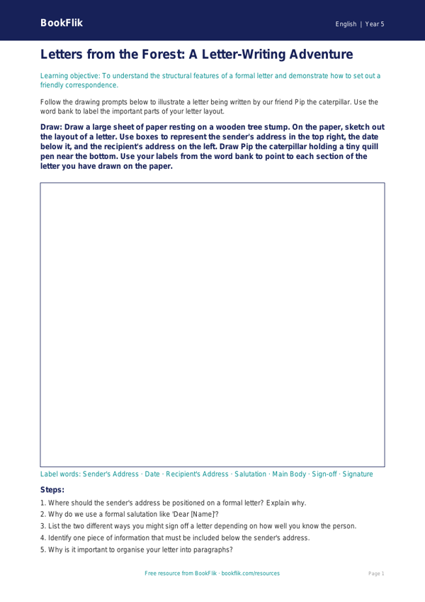 Free Letter Writing Drawing Sheet | Year 5 Core | BookFlik worksheet preview — English Letter Writing