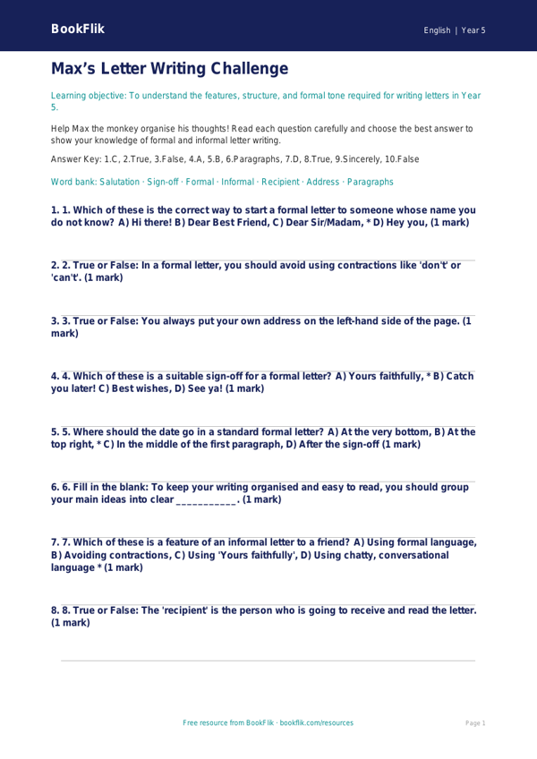 Free Letter Writing Quiz | Year 5 Core | BookFlik worksheet preview — English Letter Writing
