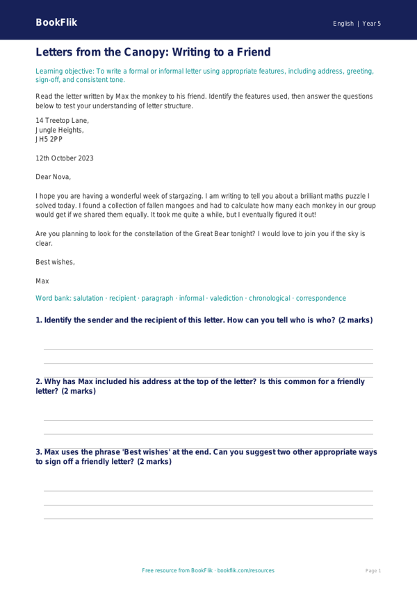 Free Letter Writing Track Sheet | Year 5 Core | BookFlik worksheet preview — English Letter Writing