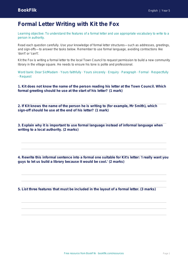 Free Letter Writing Worksheet | Year 5 Core | BookFlik worksheet preview — English Letter Writing