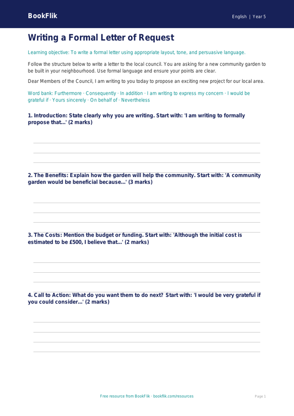 Free Letter Writing Frame | Year 5 English Resource | BookFlik worksheet preview — English Letter Writing