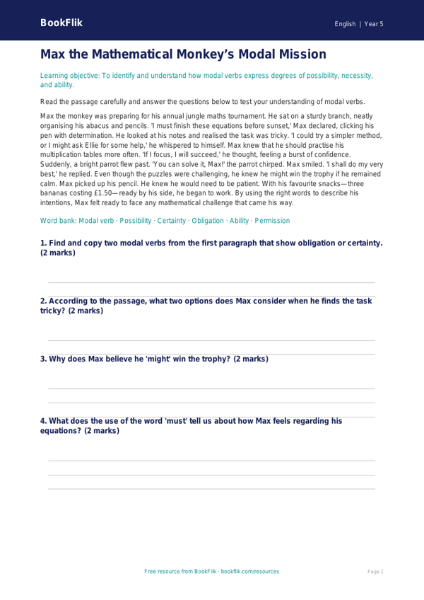Free Modal Verbs Comprehension | Year 5 Core | BookFlik worksheet preview — English Modal Verbs