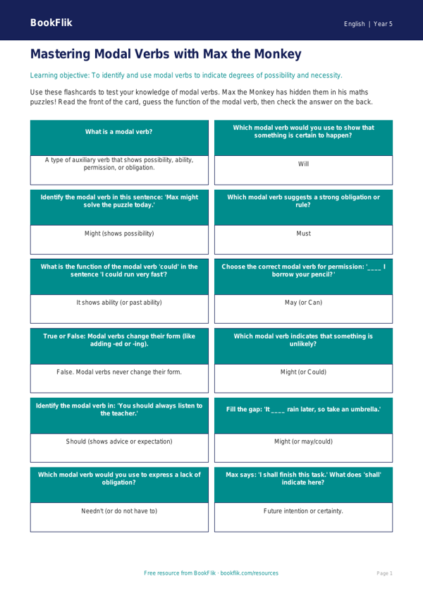 Free Modal Verbs Flashcards | Year 5 Core | BookFlik worksheet preview — English Modal Verbs