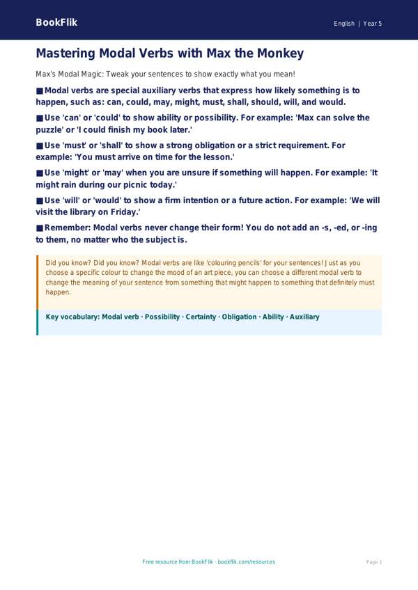 Free Modal Verbs Poster | Year 5 Core | BookFlik worksheet preview — English Modal Verbs