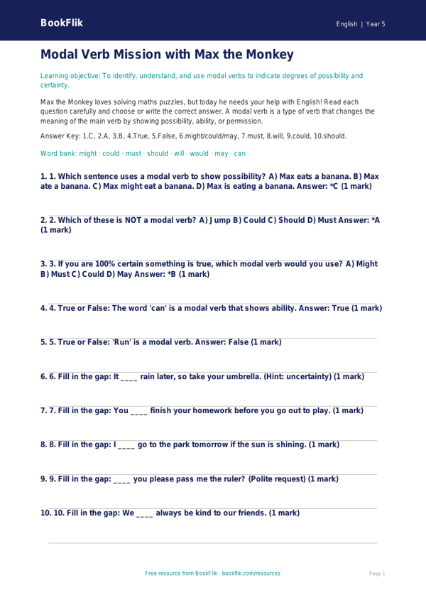 Free Modal Verbs Quiz | Year 5 Core | BookFlik worksheet preview — English Modal Verbs