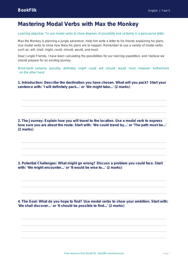 Free Modal Verbs Writing Frame | Year 5 Core | BookFlik worksheet preview — English Modal Verbs