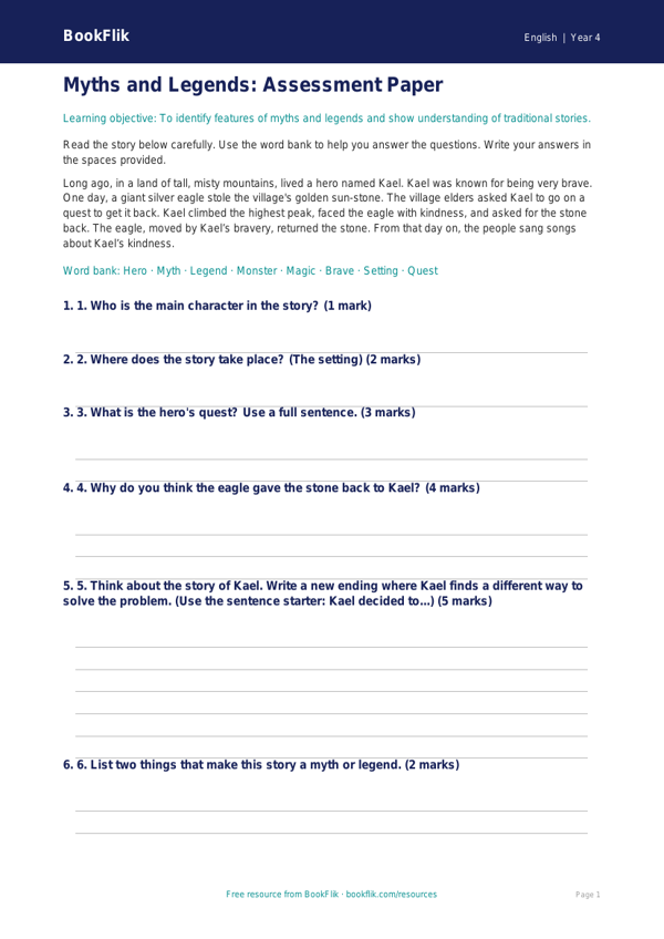 Free Myths And Legends Assessment | Year 4 Supported | BookFlik worksheet preview — English Myths And Legends