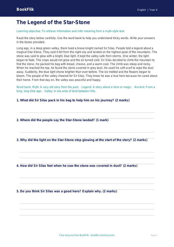 Free Myths And Legends Comprehension | Year 4 Supported | BookFlik worksheet preview — English Myths And Legends