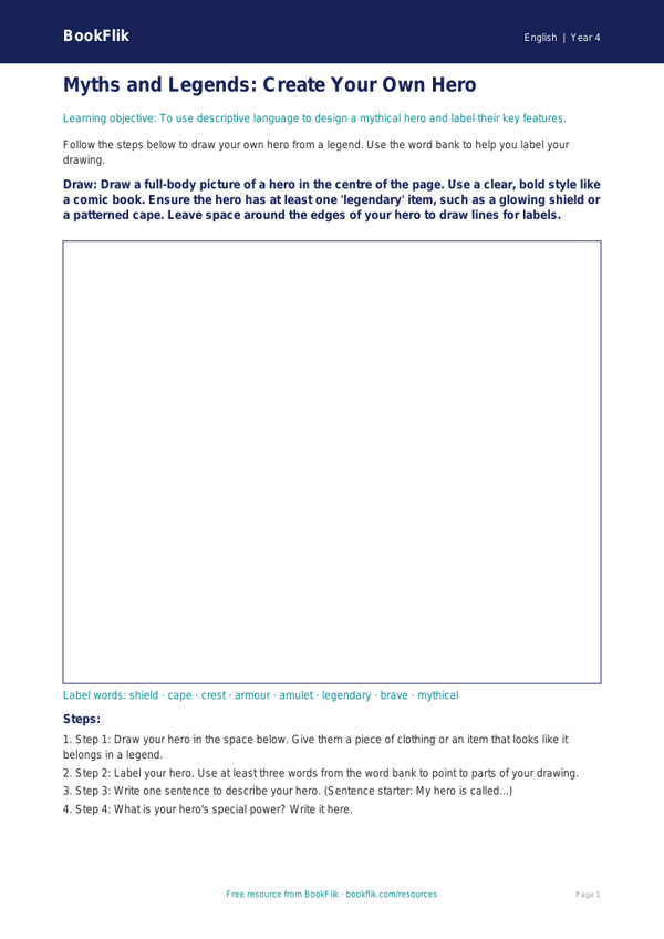 Free Myths And Legends Drawing Sheet | Year 4 Supported | BookFlik worksheet preview — English Myths And Legends