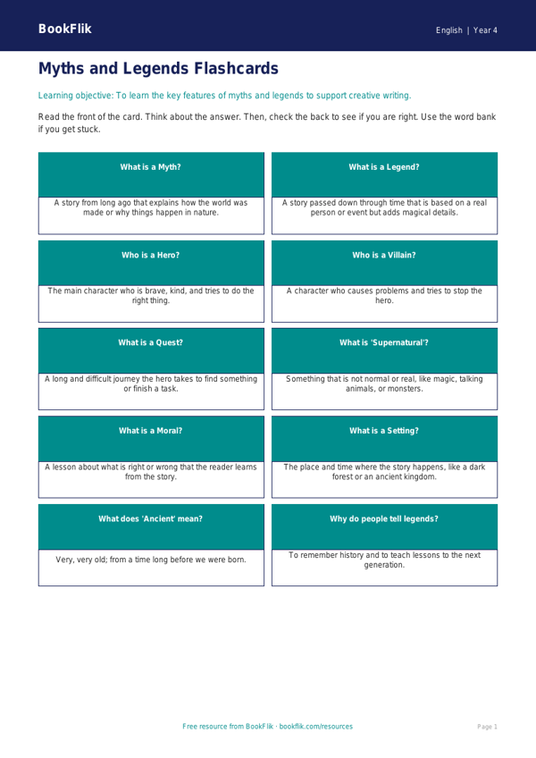 Free Myths And Legends Flashcards | Year 4 Supported | BookFlik worksheet preview — English Myths And Legends