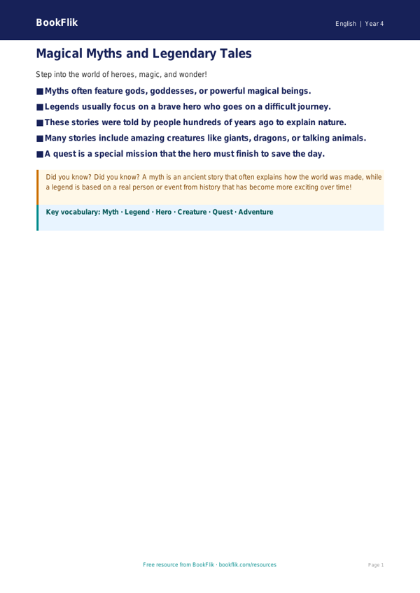 Free Myths And Legends Poster | Year 4 Supported | BookFlik worksheet preview — English Myths And Legends