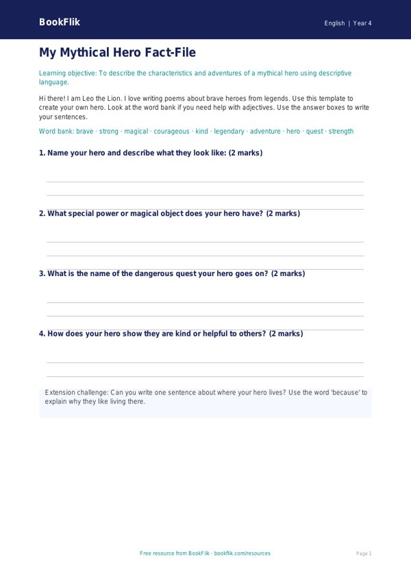 Free Myths And Legends Template | Year 4 Supported | BookFlik worksheet preview — English Myths And Legends