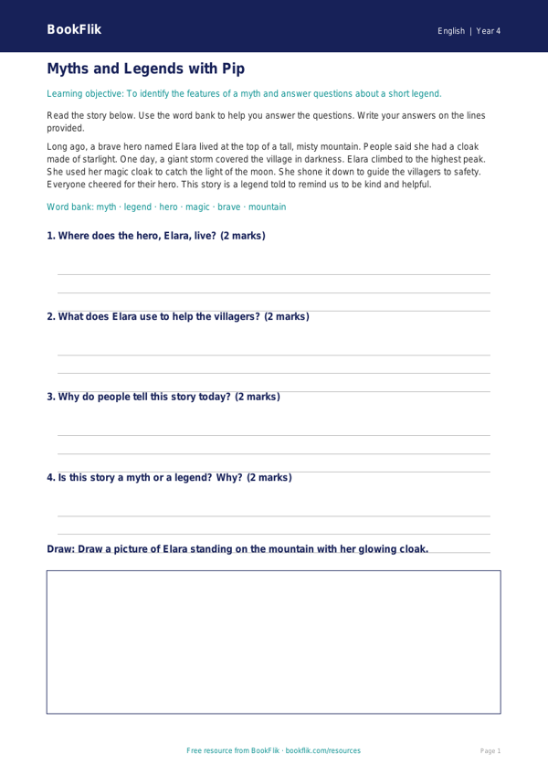 Free Myths And Legends Track Sheet | Year 4 Supported | BookFlik worksheet preview — English Myths And Legends