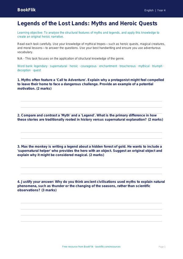 Free Myths And Legends Worksheet | Year 4 Greater Depth | BookFlik worksheet preview — English Myths And Legends