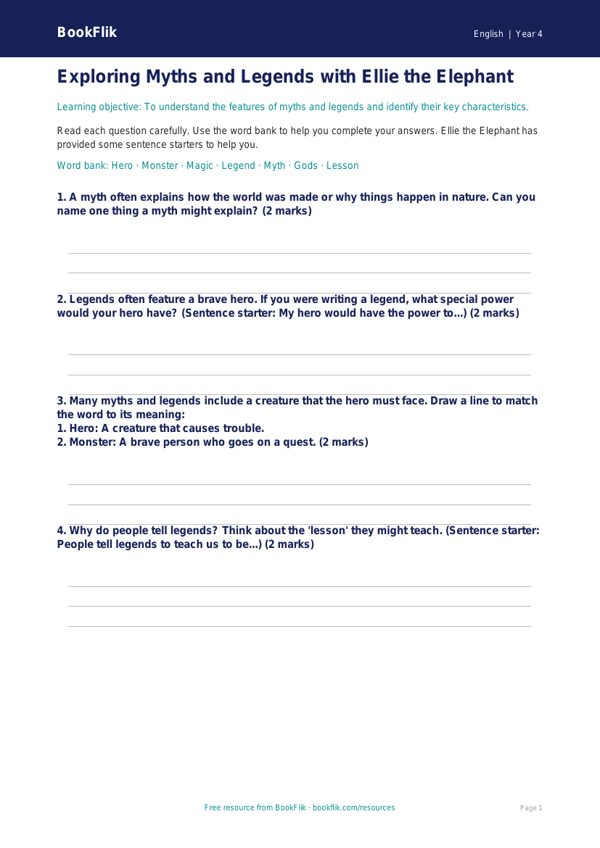 Free Myths And Legends Worksheet | Year 4 Supported | BookFlik worksheet preview — English Myths And Legends