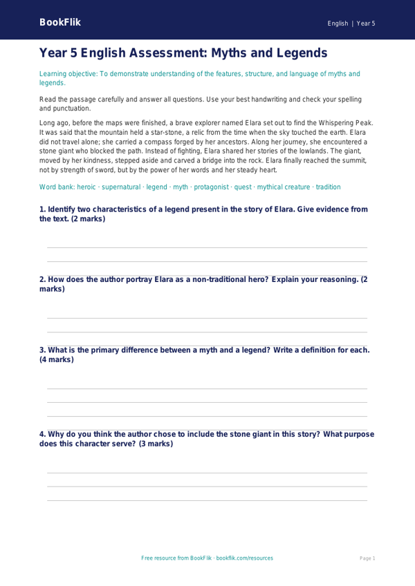 Free Myths And Legends Assessment | Year 5 Core | BookFlik worksheet preview — English Myths And Legends