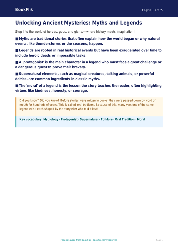 Free Myths And Legends Poster | Year 5 Core | BookFlik worksheet preview — English Myths And Legends