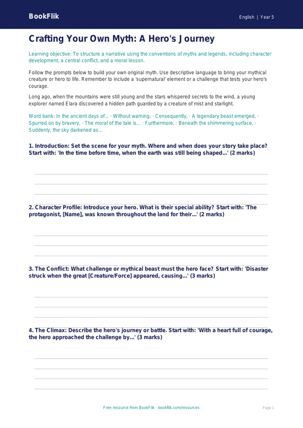 Free Myths And Legends Writing Frame | Year 5 Core | BookFlik worksheet preview — English Myths And Legends