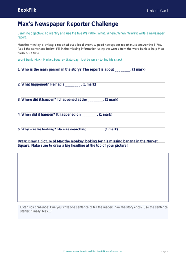 Free Newspaper Writing Activity Sheet | Year 4 Supported | BookFlik worksheet preview — English Newspaper Writing